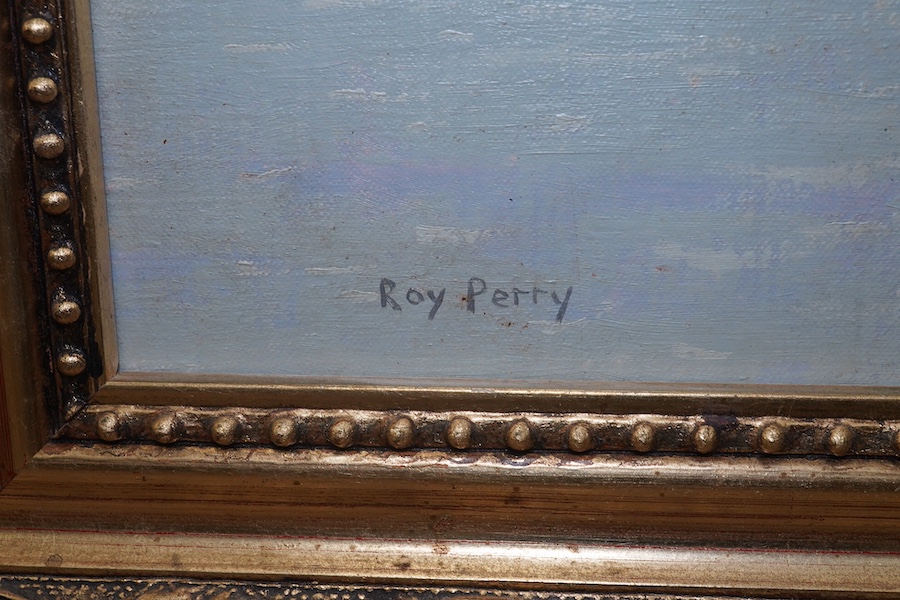 Roy Perry (1935-1993), oil on canvas, London from the Thames, signed, 49 x 59cm, ornate gilt framed. Condition - fair